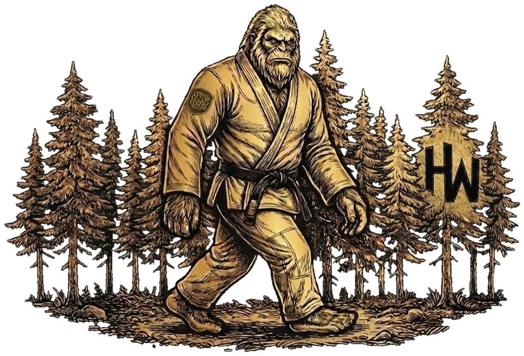 The HempWeave mascot — a sasquatch in a hemp gi, walking through Pacific Northwest timber