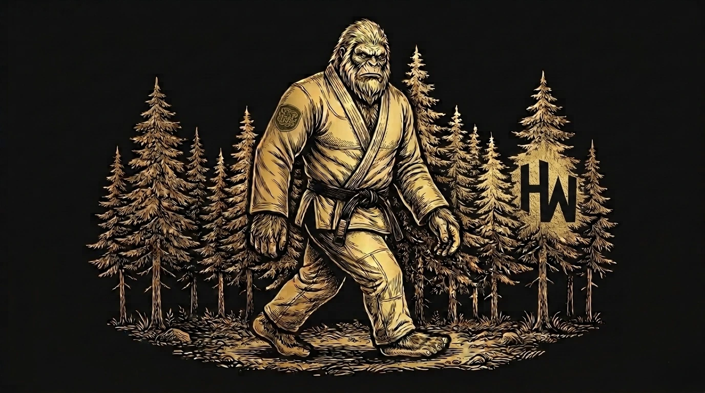 The HempWeave mascot — a sasquatch in a hemp gi, walking through Pacific Northwest timber
